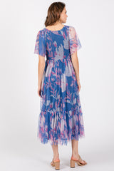 Blue Leaf Print Mesh Smocked Midi Dress