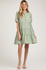 Light Olive Collared Tiered Maternity Dress