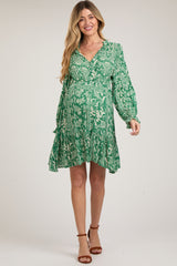 Green Paisley Floral Ruffle Neck Button Front Maternity Dress