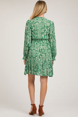 Green Paisley Floral Ruffle Neck Button Front Maternity Dress