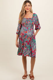 Green Floral Smocked Knee-Length Maternity Dress