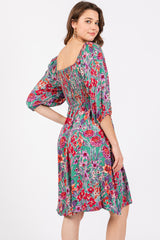 Green Floral Smocked Knee-Length Dress