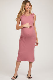 Mauve Ribbed Ruffle Shoulder Side Slit Maternity Midi Dress