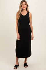 Black Ribbed Sleeveless Maternity Midi Dress