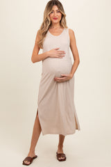 Beige Ribbed Sleeveless Maternity Midi Dress