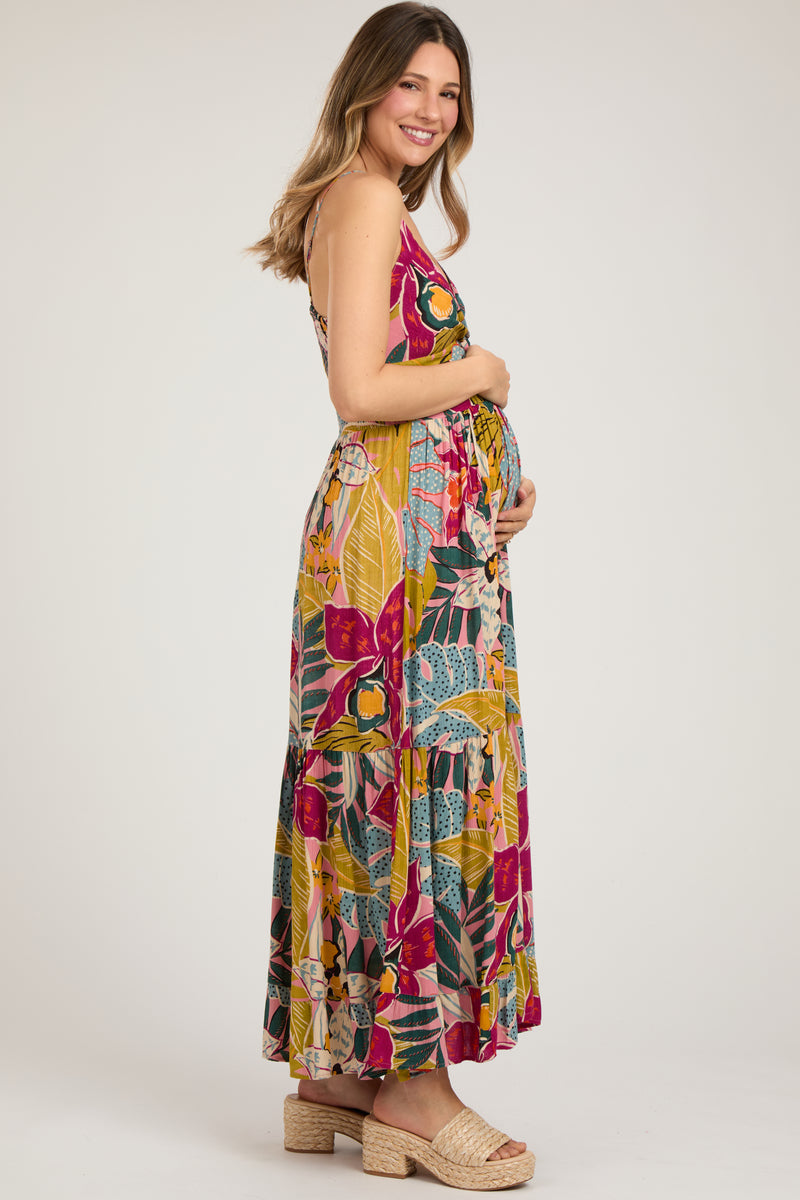 Multi-Color Floral V-Neck Front Knot Tiered Maternity Maxi Dress ...