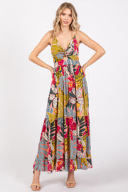 Multi-Color Floral V-Neck Front Knot Tiered Maxi Dress