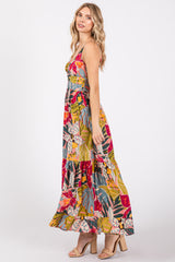 Multi-Color Floral V-Neck Front Knot Tiered Maxi Dress