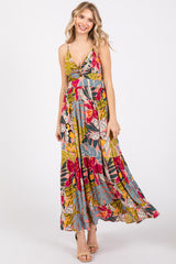 Multi-Color Floral V-Neck Front Knot Tiered Maxi Dress