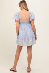 Blue Striped Floral Eyelet Maternity Mini Dress