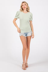 Sage Ribbed Puff Sleeve Top