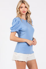 Blue Ribbed Puff Sleeve Top