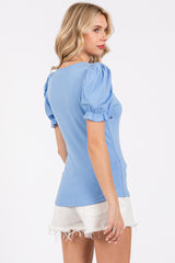 Blue Ribbed Puff Sleeve Top