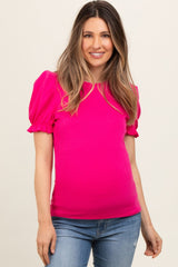 Fuchsia Ribbed Puff Sleeve Maternity Top