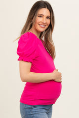 Fuchsia Ribbed Puff Sleeve Maternity Top