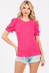 Fuchsia Ribbed Puff Sleeve Maternity Top