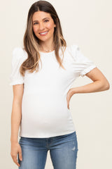 White Ribbed Puff Sleeve Maternity Top