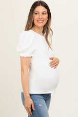 White Ribbed Puff Sleeve Maternity Top