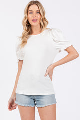 White Ribbed Puff Sleeve Top