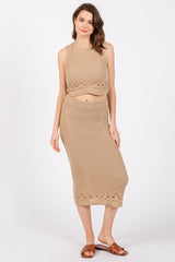 Taupe Crochet Swimsuit Coverup Top and Skirt Set