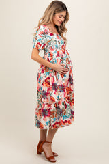 Cream Floral Puff Sleeve Maternity Midi Dress