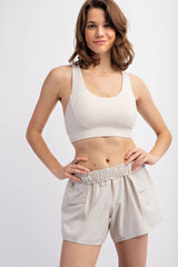 Beige Elastic Waist Side Pocket Active Maternity Shorts