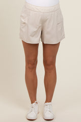 Beige Elastic Waist Side Pocket Active Maternity Shorts