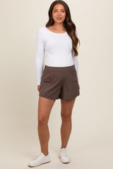 Brown Elastic Waist Side Pocket Active Maternity Shorts