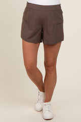 Brown Elastic Waist Side Pocket Active Maternity Shorts