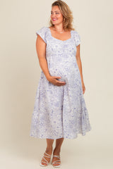 Ivory Blue Floral Print Ruched Tiered Plus Maternity Midi Dress