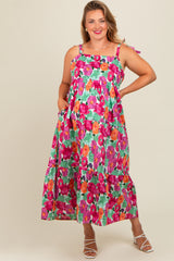 Multi-Color Floral Shoulder Tie Tiered Maternity Plus Midi Dress