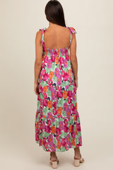 Multi-Color Floral Shoulder Tie Tiered Maternity Midi Dress