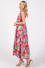 Multi-Color Floral Shoulder Tie Tiered Midi Dress