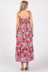 Multi-Color Floral Shoulder Tie Tiered Midi Dress