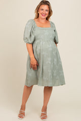 Sage Textured Floral Square Neck Puff Sleeve Maternity Plus Dress