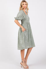 Sage Textured Floral Square Neck Puff Sleeve Dress