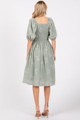 Sage Textured Floral Square Neck Puff Sleeve Dress