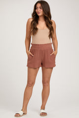 Rust Textured Smocked Waist Maternity Shorts