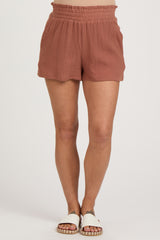 Rust Textured Smocked Waist Maternity Shorts