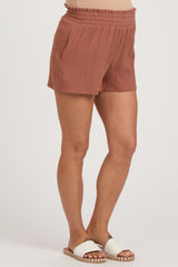 Rust Textured Smocked Waist Maternity Shorts