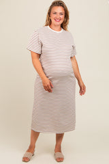 Cream Striped Short Sleeve Maternity Plus T-Shirt Midi Dress