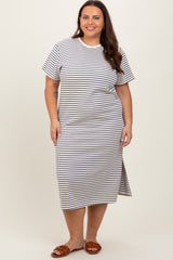 Navy Striped Short Sleeve Plus T-Shirt Midi Dress