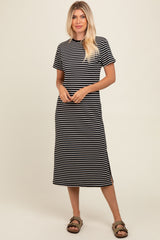 Black Striped Short Sleeve T-Shirt Midi Dress