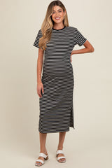 Black Striped Short Sleeve Maternity T-Shirt Midi Dress