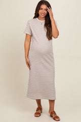 Cream Striped Short Sleeve Maternity T-Shirt Midi Dress