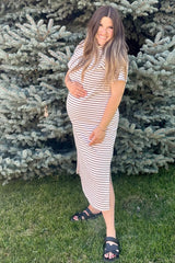 Cream Striped Short Sleeve Maternity T-Shirt Midi Dress