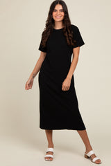 Black Short Sleeve Side Slit Maternity T-Shirt Midi Dress