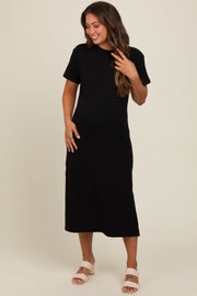 Black Short Sleeve Side Slit Maternity T-Shirt Midi Dress