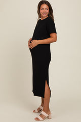 Black Short Sleeve Side Slit Maternity T-Shirt Midi Dress