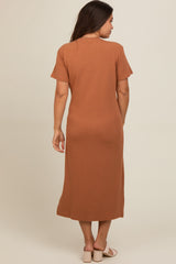 Camel Short Sleeve Side Slit Maternity T-Shirt Midi Dress